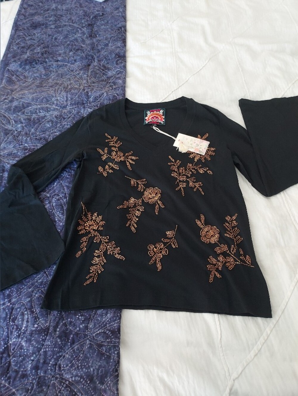 NWT Johnny Was Black Long Bell Sleeve Tee with Copper Floral Embroidery, XS